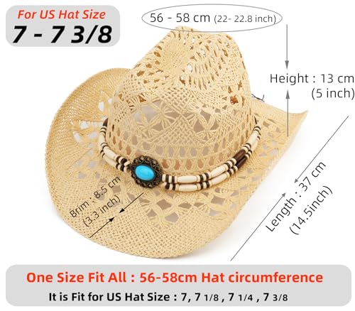 Image of Straw Cowboy Hat, Western Cowgirl Hat, Wide Brim Sun Beach Hat for Men and Women