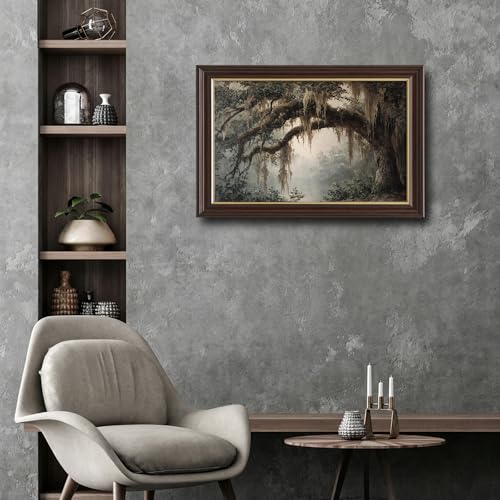 Image of Antique Framed Spanish Moss Oak Canvas Wall Art, Southern Forest Landscape Oil Painting Canvas Prints, Vintage Nature Wall Decor Pictures for Living Room Bedroom Bathroom