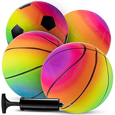 Rainbow Sports Balls - 6 Inch (Pack of 4) Inflatable Vinyl Balls for Kids and Toddlers with Added Hand Air Pump, Neon Basketball, Soccer Ball, and Volleyball for Playground, Indoor and Outdoor Use Cover