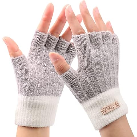 MAMUNU Winter Fingerless Gloves - Warm Knit Half Fingers Mittens Thermal Fingerless Gloves for Women Outdoor Running Working (White Grey) Cover
