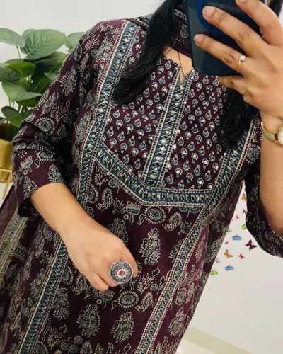 Image of krisjan|Women's Pure Cotton Printed with Handwork Kurta with Pants and Dupatta Set | Ethnic Set | Suit Set | Kurta Set | Wedding Suit Set