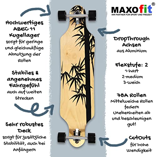 MAXOfit Longboard Crow No. 12 - Drop Through Board mit robustem Deck und mittelweichen Rollen - Drop Through Achsen und Cut Outs für hohe Wendigkeit und Stabilität