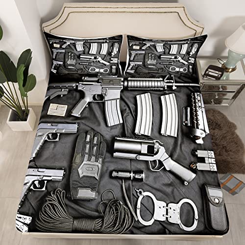 Feelyou Army Rifle Machine Gun Bedding Sheet Gun Pattern Bed Sheet Set for Kids Children Teens War Theme Fitted Sheet Military Themed Comforter Cover Bedroom Decor 2Pcs Twin Size