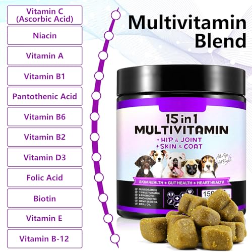 Multivitamin für Hunde 15-in-1,Natürliche Essentielle Vitamine Kautabletten Mit B-Komplex-Vitamine für Immunsystem, Knochen, Gelenke - Kalzium, Eisen, Kupfer, Jod, Zink(150 Kauartikel)