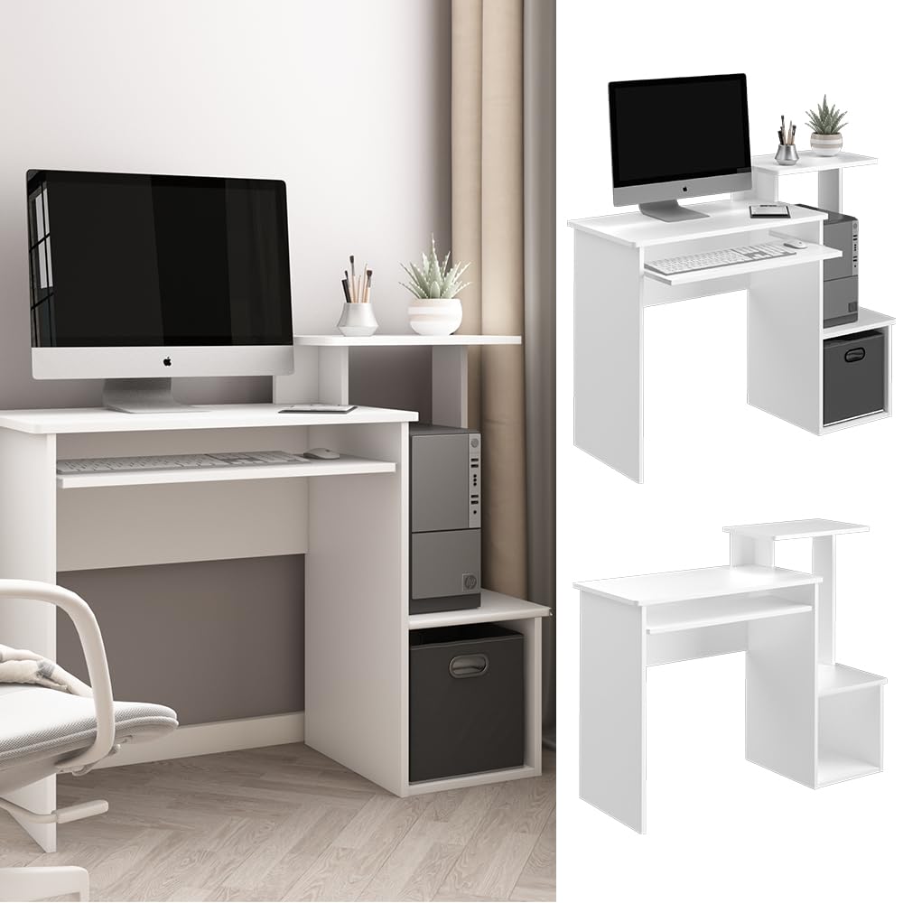 Vicco Bureau Karl, Blanc, 106x40cm | avec compartiments ouverts et plateau clavier coulissant
