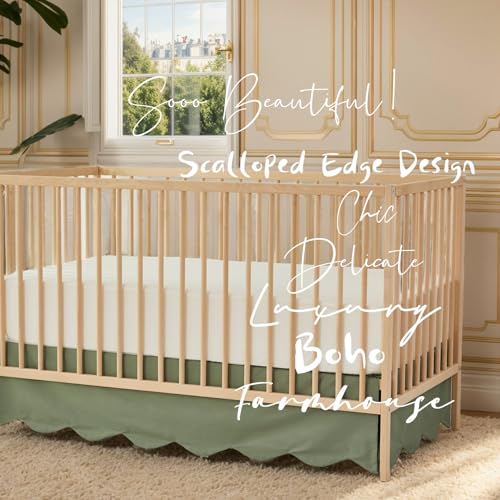 Image of Brandream Scallop Edge Cotton Crib Skirt Toddler Bedskirt Baby Nursery Crib Bed Skirt Boho Bohemian Neutral Solid Color Vintage Sage Green Farmhouse Chic Boho Bohemian Skirt