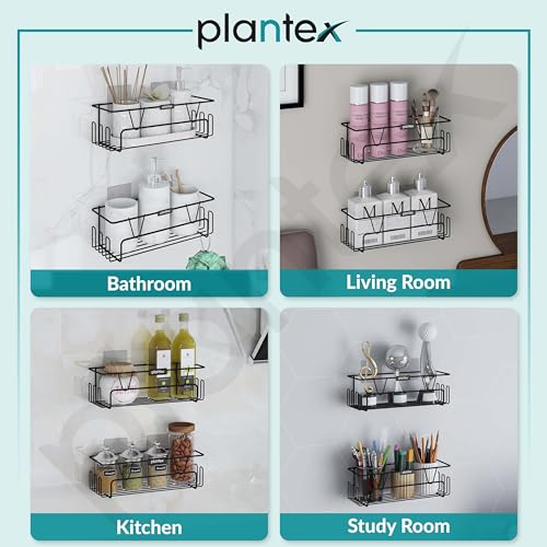 Image of Plantex Bathroom Organiser Without Drill /Shelf for Wall Adhesive Black /GI Steel Shelf for Bathroom with Side Hooks /Washroom Accessories Set - Powder Coated (Pack of 2)
