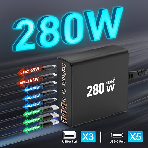 280W USB C Charger Block, 8-Port USB Charging Station GaN III PD 65W Laptop Charger Adapter Compatible with MacBookPro/Air,DELL,iPad,Portable Charging Station for iPhone,Samsung Galaxy (Black)
