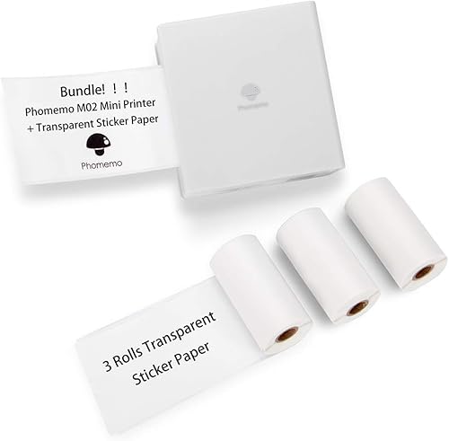 Phomemo M02 Mini impresora móvil, impresora térmica Bluetooth con 3 rollos de papel adhesivo transparente, compatible con iOS + Android para diario