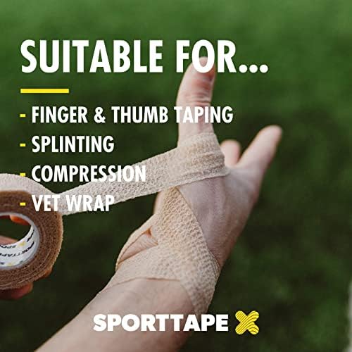 SPORTTAPE Cohesive Finger Tape - 2.5cm x 4.5m | Coban Alternative Compression Bandage - Beige | Self-Adhesive Wrap | Vetwrap, Thumb Tape, Goalkeeper Finger Tape - Single Roll