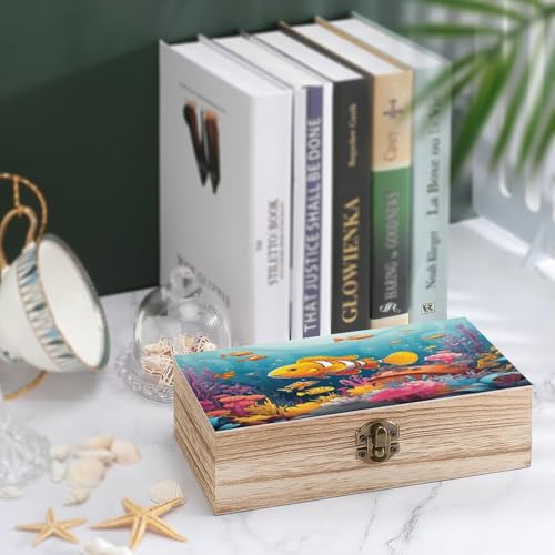 Coffre de rangement en bois rétro avec couvercle à motif corail