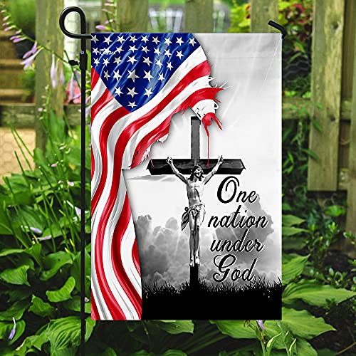 Flags-One Nation Under God. Jesus Christian Cross American Flag Thn2224F, Garden Flag (11.5" X 17.5")-Usa House Garden Flags Premium Polyester-Decorative Outdoor Flags #TOP1