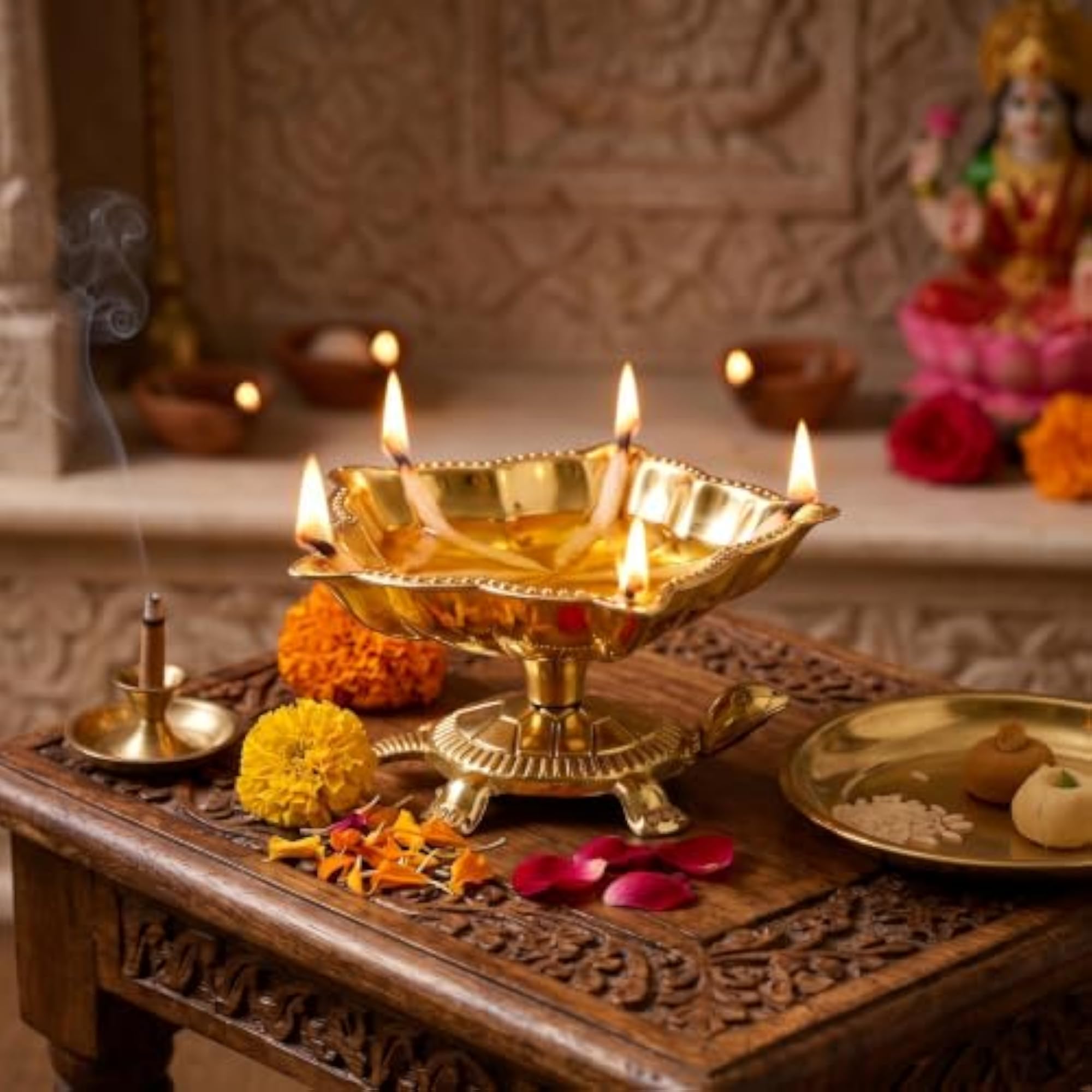 Brass Pancharti Diya on Turtle Base