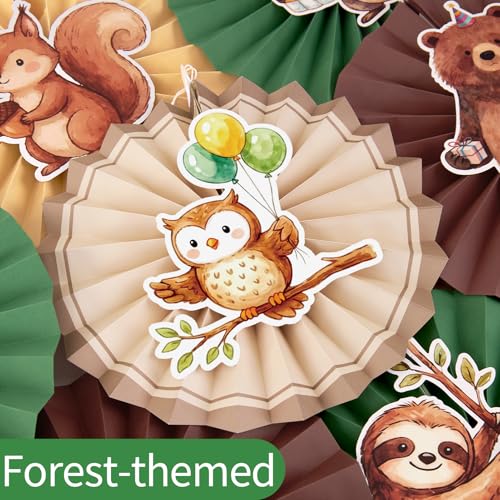Image of Easy Joy Woodland Baby Shower Decorations Brown Green Hanging Paper Fans Animal Birhday Decorations for Wall Cute Animal Classroom Hanging Folding Fan Forest Themed Jungle Safari Birthday Party Decor