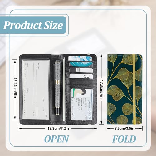Checkbook Cover for Personal Checkbook, 7in x 3.5in Leather Check Book Register Cover Wallet for Men Women Patterned RFID Blocking Checkbook Card Holder, Dark Green Gold Leaf