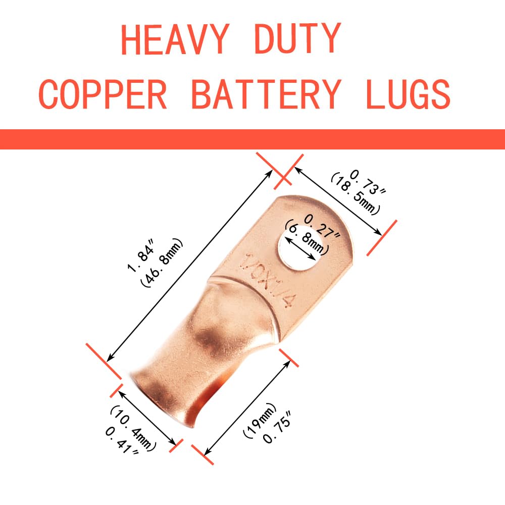 25pcs 1/0 AWG 1/4" Stud + 25pcs 1/0 AWG 1/2" Stud Battery Cable Lugs 1/0 Gauge Copper Ring Terminals 0 Gauge Copper Wire Lugs