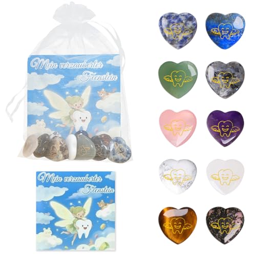 Znnhnn 10x Glücksstein Zahnfee Feensteine mit Grußkarte und Organza Beutel Glücksbringer Herz mit Zahnfee Bunte Herzen Steine Zahnfee Geschenke Mädchen und Junge Verlorener Zahn Souvenir