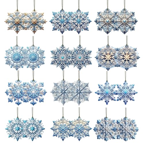 KLINNA 24 Stück Weihnachtsanhänger Schneeflocke 2D aus Holz, Blau...