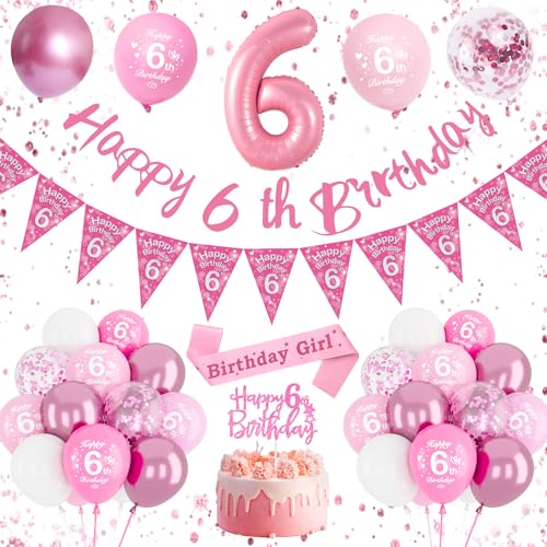 6. Geburtstag Rosa Banner für Mädchen - Happy Birthday Deko Set mit Luftballons