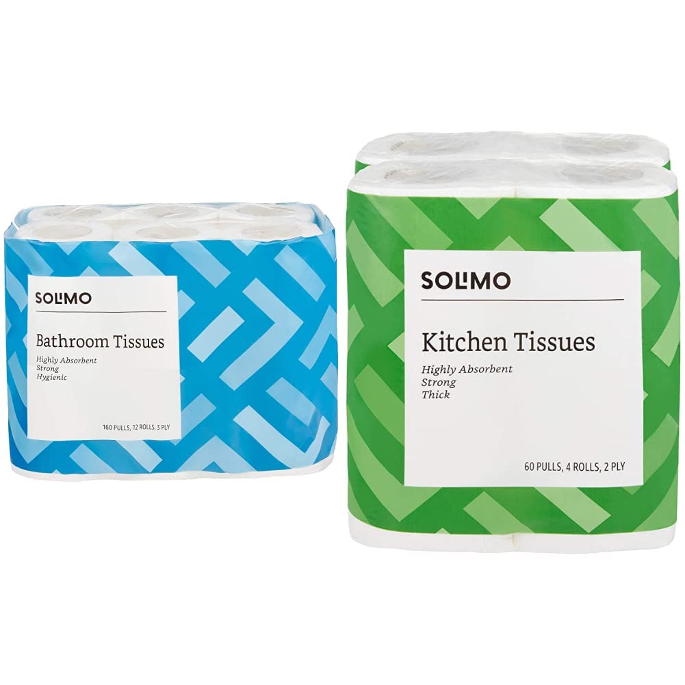 Amazon Brand - Solimo 3 Ply Toilet Paper/Tissue Roll - 12 Rolls (160 Pulls Per Roll) & 2 Ply Kitchen Tissue Paper Roll -