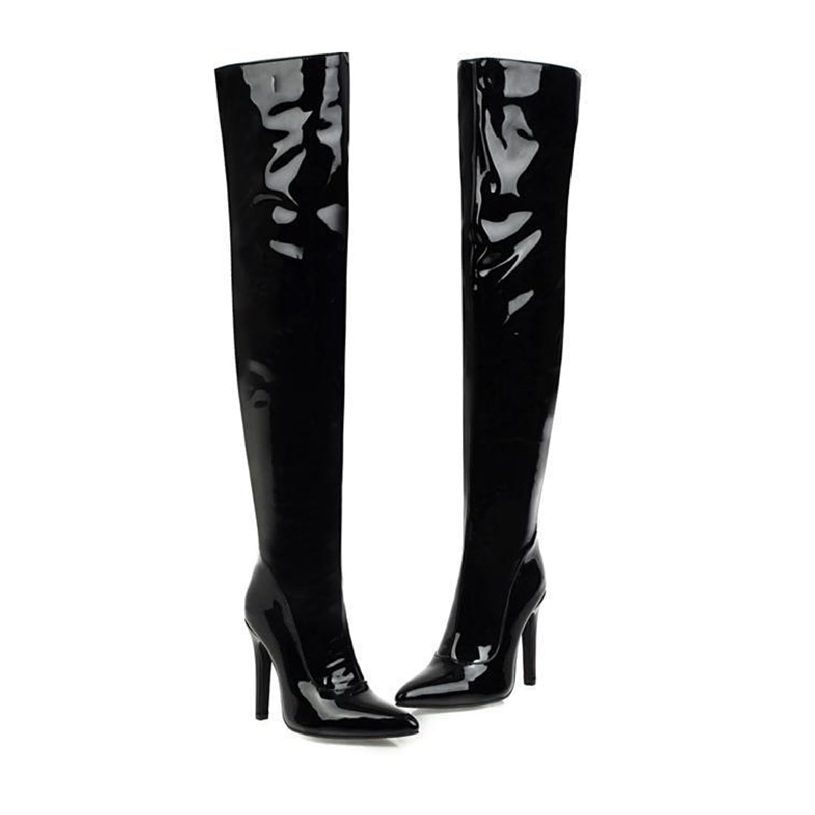 10CM / 4.13IN Stiletto Ultra-Haut Talon Bout Pointu sur-Le-Genou Bottes en Cuir Verni Brillant en Cuir Pôle Danse Sexy Discothèque Chevalier Bottes Grande Taille