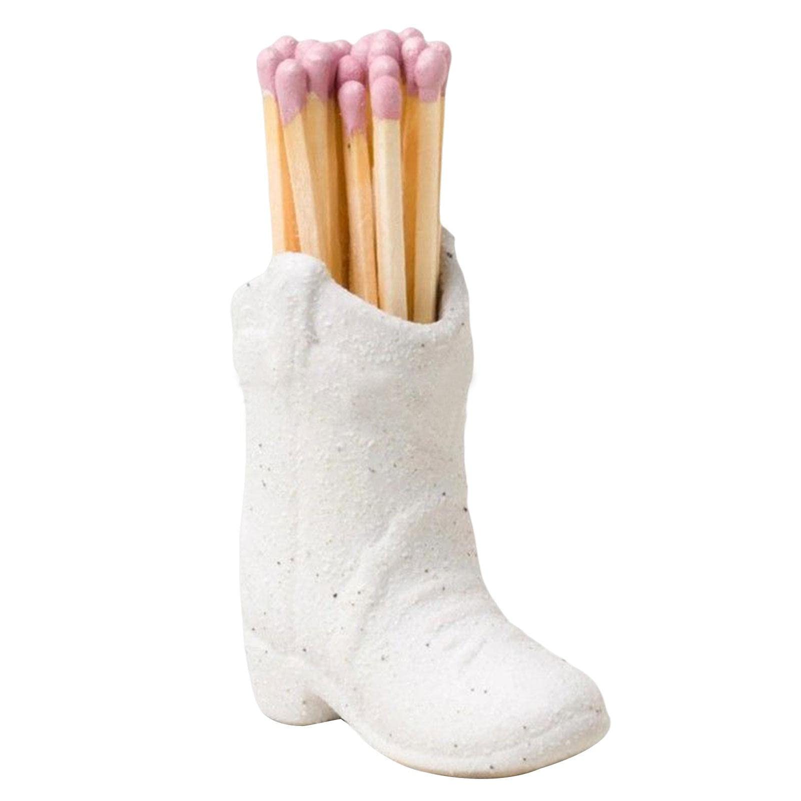 Cowboy Boot Matchstick Holder with Striker, Ceramic Match Striker Holder, Storage Jar, for Office, Kitchen, Bedroom, Farmhouse Decor(no matches), White(without Matches)