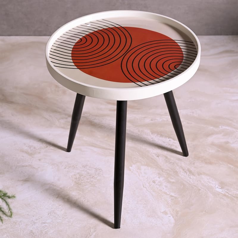 Wooden Side Table for Living Room Decor — 17 Inch Round Table | Resin Top with Metal Legs | Coffee/Dining/End Table for Bedroom, Office – Easy Assembly (Zen Swirl, Ivory & Black)