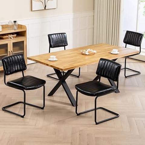 HOMHUM Mid Century Modern Dinning Chairs Set of 4, Kitchen Chairs with Black Metal Legs, Upholstered Leather Dining Room Chairs W/Back, Armless Cantilever Chairs for Kitchen & Living Room, Black Cover
