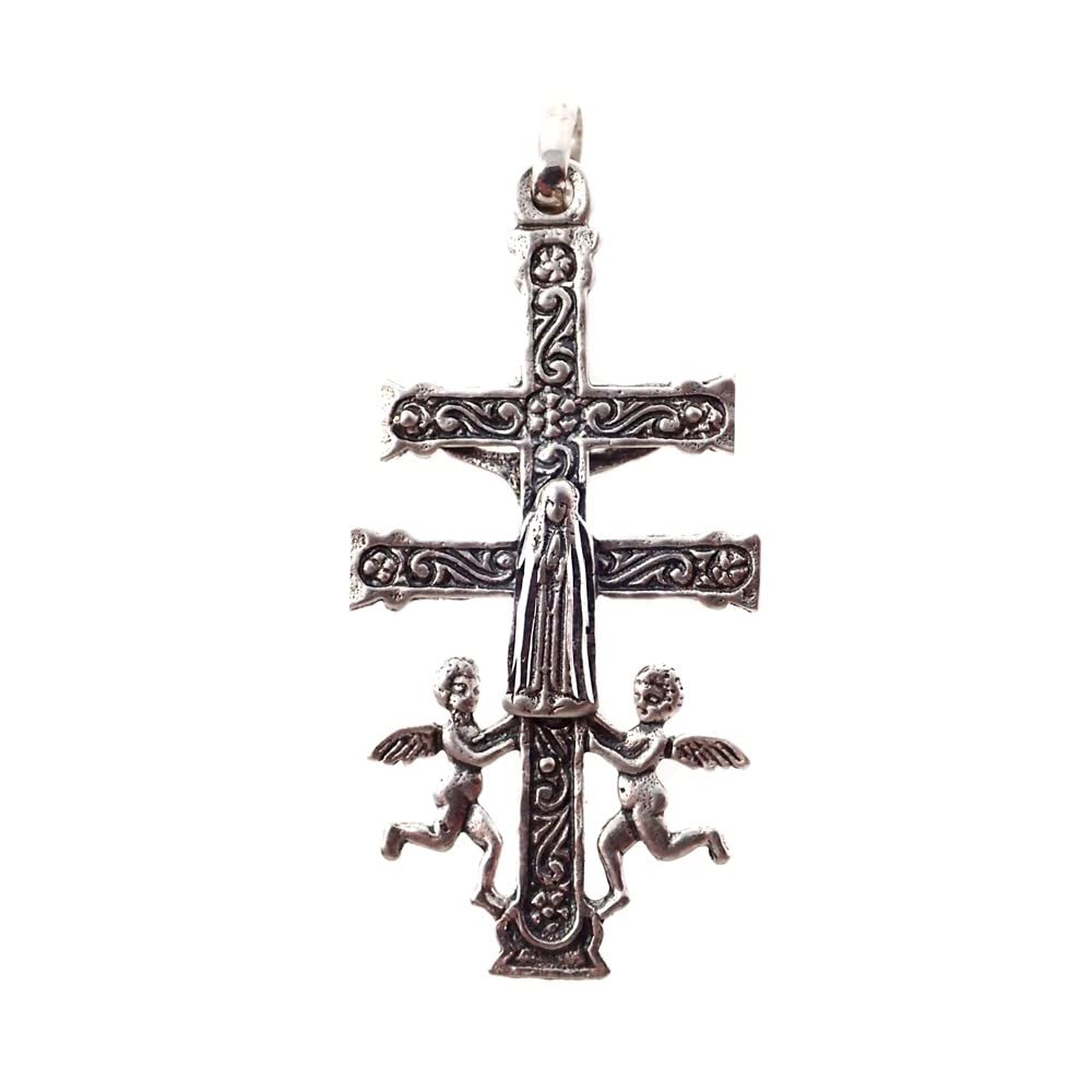 Colgante plata Ley 925m oxidada Cruz Caravaca maciza 39mm. delante Cristo atrás Virgen detalles