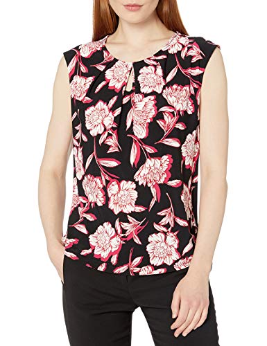 Kasper Women's U-Neck Cap Sleeve Floral Printed Key Hole Knit TOP, Lipstick Multi, M