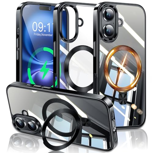 Image of ESTPEAK Titanium Black CD Mag-Stand Case for iPhone 16 Case with Invisible Magnetic Ring, [Fit for MagSafe] [Never Yellowing] Top Clear Phone Case Cover for iPhone 16 6.1 inch Men Women