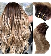 Human Hair Extensions Sew in Hair Weft for White Women,Walnut Brown to Ash Brown with Blonde High...