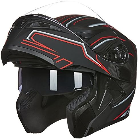 ILM Motorcycle Dual Visor Flip up Modular Full Face Helmet DOT 6 Colors Model 902 (M, Black RED)