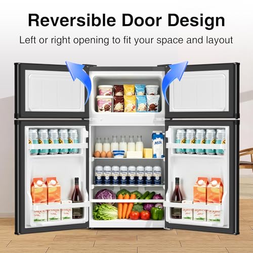 Image of Kismile 2.5 Cu.Ft Mini Fridge with Freezer, Double Door Compact Refrigerator, 3-Level Mechanical Thermostat, Reversible Door&Removable Shelves, Quiet Fridge Ideal for Office, Apartment, Dorm, Black