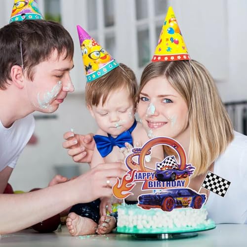 Fire Car Cake Topper Race Car Birthday Cake Decorations Racing Car Cake Toppers Checkered Flag Hot Wheel Themed Cake Cupcake Topper for Boys Girls Racing Car Party Supplies
