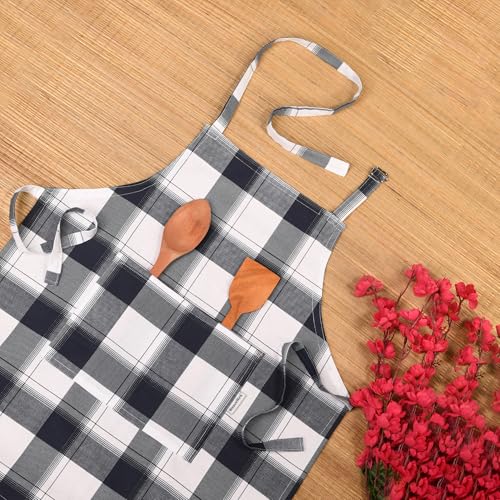 Image of Cotton Kitchen Apron Pack of 2, Checkered Cooking Apron for Women & Home Cooks, Adjustable Strap, Large Pockets, Black and White