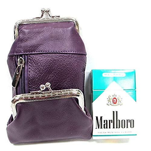 Cigarette Case Holder W Lighter Women Leather Cigarettes 100S Pack Purse Pouch Coin Ciggerate Wallet Framed Cases (942.5" (5.542.5)", L Brown Kiss Lock Stash & Coin Purse) #TOP6