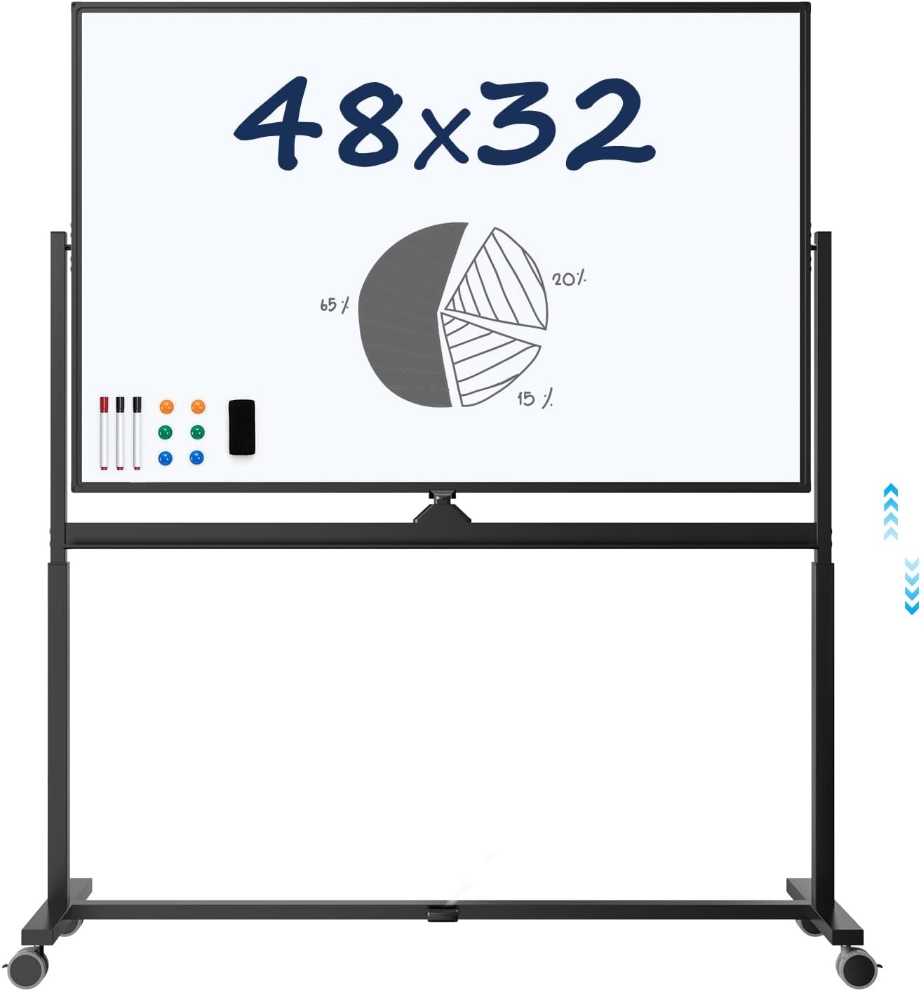 Large Dry-Erase Rolling Magnetic Whiteboard - TSJ OFFICE 48 x 32 Inches Dry Erase Board with Stand Height Adjust Double Sides Mobile White Board Easel on Wheels Office, Home & Classroom