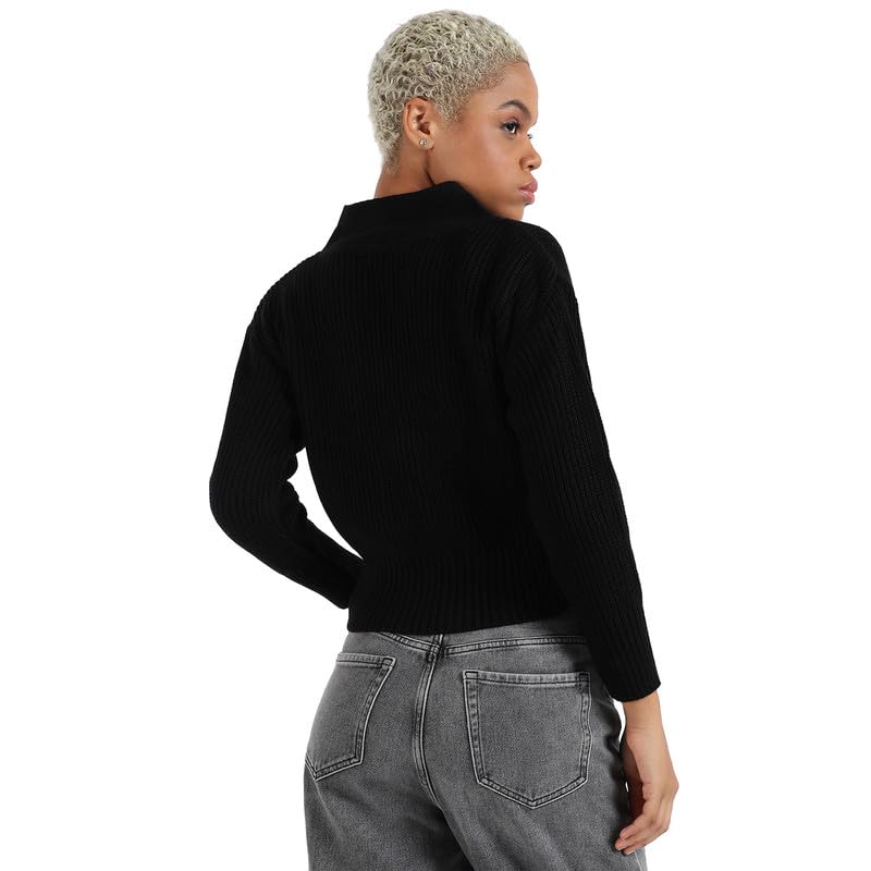 Image of PINACOLADA Women's Solid Ribbed Cropped CardiganFor Casual Wear | V Neck | Long Sleeve | Wool Sweater Crafted with Comfort Fit for Everyday Wear