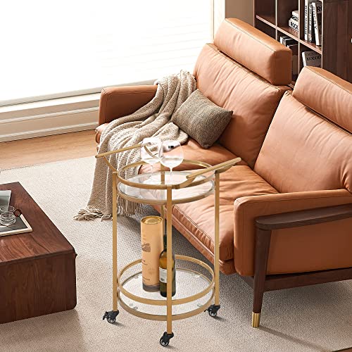 Azl1 Life Concept Modern 2-Tier Oval Metal Rolling Bar, Serving, Utility Mobile Cart With Handles And Spill Guard In Gold/Clear Glass And Mirror #TOP2