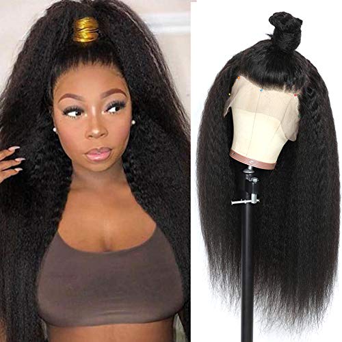 Kinky Straight Human Hair Wig 13X6 Lace Front Wigs Transparent Lace 6 Inch Deep Part Space Glueless 13X6 Frontal Wigs Yaki Indian Natural Hair Unprocessed Virgin Human Hair 1B 22 Inch