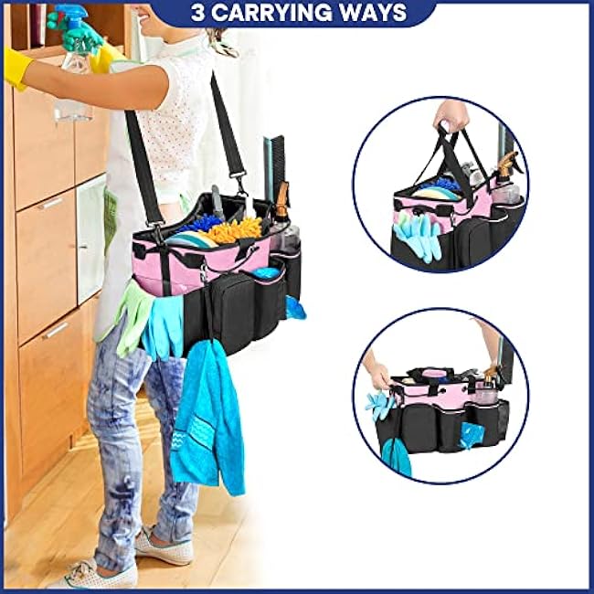 LoDrid Large Professional Cleaning Caddy with Detachable Divider, Supply Organizer with Handle and Shoulder Strap, Cleaning Bags for Housekeepers & Cleaners, Pink