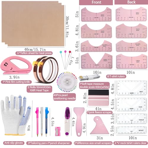 QUKLOGEN 68 Piezas Juego de Herramientas para Camiseta de sublimación,lámina de teflón para Prensa de Transferencia,Camiseta Ruler Guide Alignment para Accesorios de Costura, Accesorios de Plotter