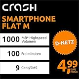 crash Smartphone Flat M con 1 GB Internet Flat MAX. 21,6 Mbps, 100 Minutos Gratis a Todas Las Redes alemanas, itinerancia de la UE, 24 Meses de duración, Solo 4,99 EUR mensuales