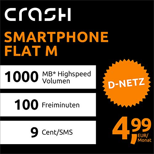 Crash Smartphone Flat M mit 1 GB Internet Flat max. 21,6 MBit/s, 100 Frei-Minuten in alle deutschen Netze, EU-Roaming, 24 Monate Laufzeit, monatlich nur 4,99 EUR