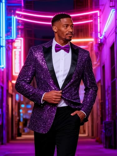 Image of Barry.Wang Mens Sequins Blazer Sparkle Dress Suit Jacket Cocktails Shiny Metallic Disco Dance Party Tuxedo Homecoming