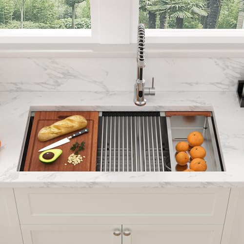 Sarlai 36 Undermount Kitchen Sink Double Bowl- 36 x 19 Inch Kitchen Sink Ledge Workstation Stainless Steel 16 Gauge Double Basin 60/40 Low Divide Under Counter Kitchen Sinks Basin by Sarlai - Used condition - Image 2