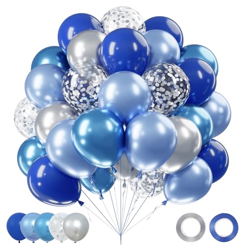 Netnology Blue Silver Balloons Set 60Pcs 12 Inch Navy Royal Blue Balloons Light Blue Silver Metallic Confetti Balloon for Birthday Baby Shower Bridal Shower Wedding Graduation Party Decorations