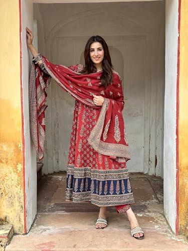 Image of GoSriKi Women's Rayon Viscose Printed Anarkali Kurta Pant with Dupatta Set | Flared Ethnic Kurta Set for Women | Comfortable Traditional for Festive, Casual and Daily Occasions