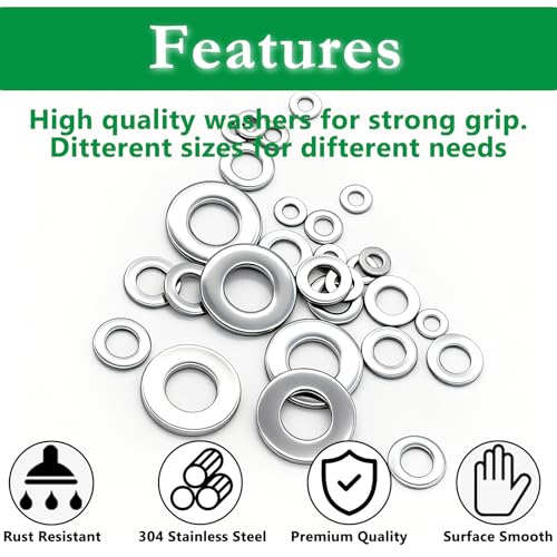 550PCS 12 SAE Sizes 304 Stainless Flat Washer Assortment Kit-1/2, 7/16, 3/8, 5/16, 1/4, 3/16, 12#, 10#, 8#, 6#, 4#, 2#, Flat Washers for Screws, Washers for Bolts